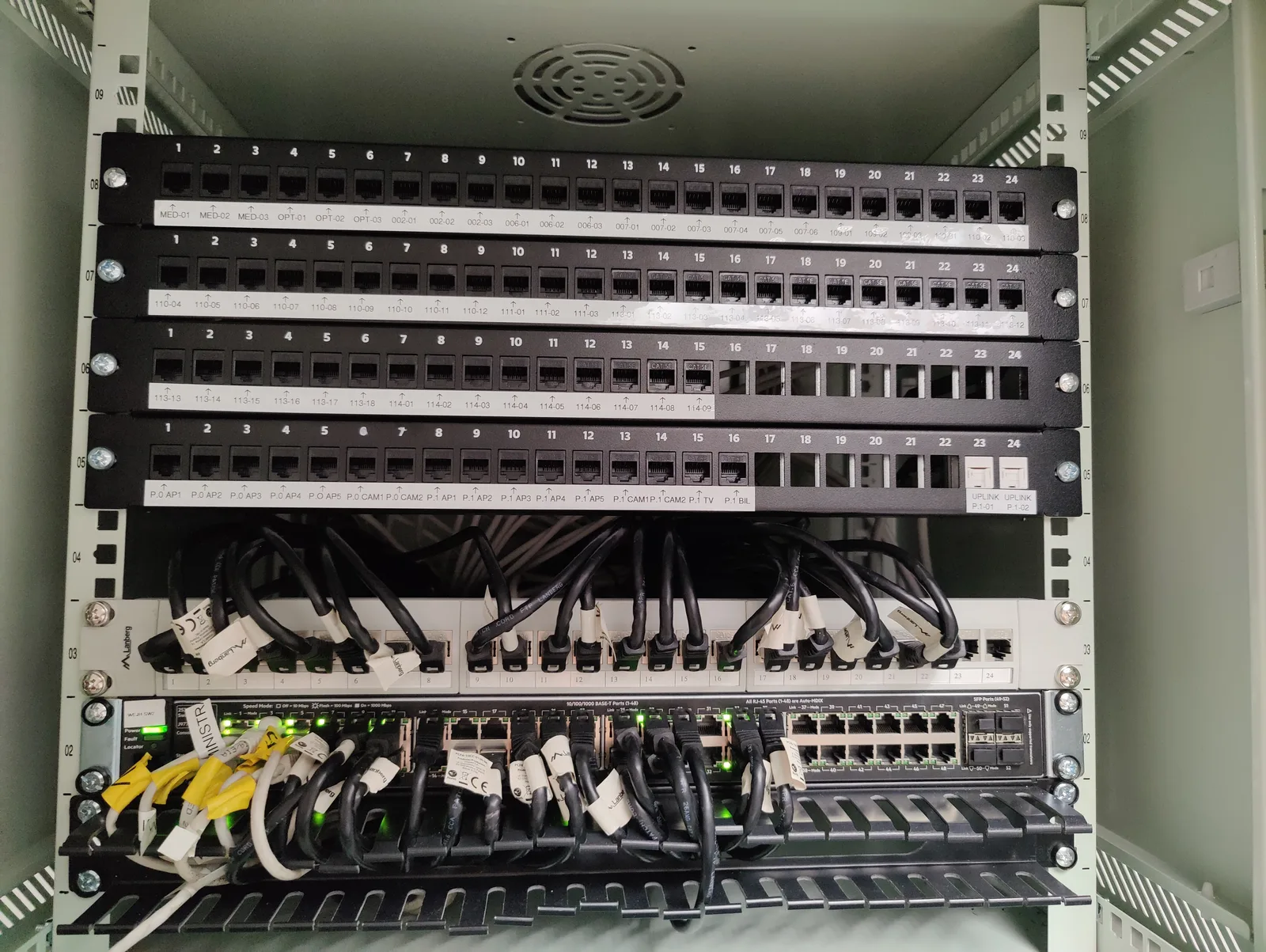 Wymieniona i rozbudowana szafa rack łącząca starszą infrastrukturę z nowymi patch panelami